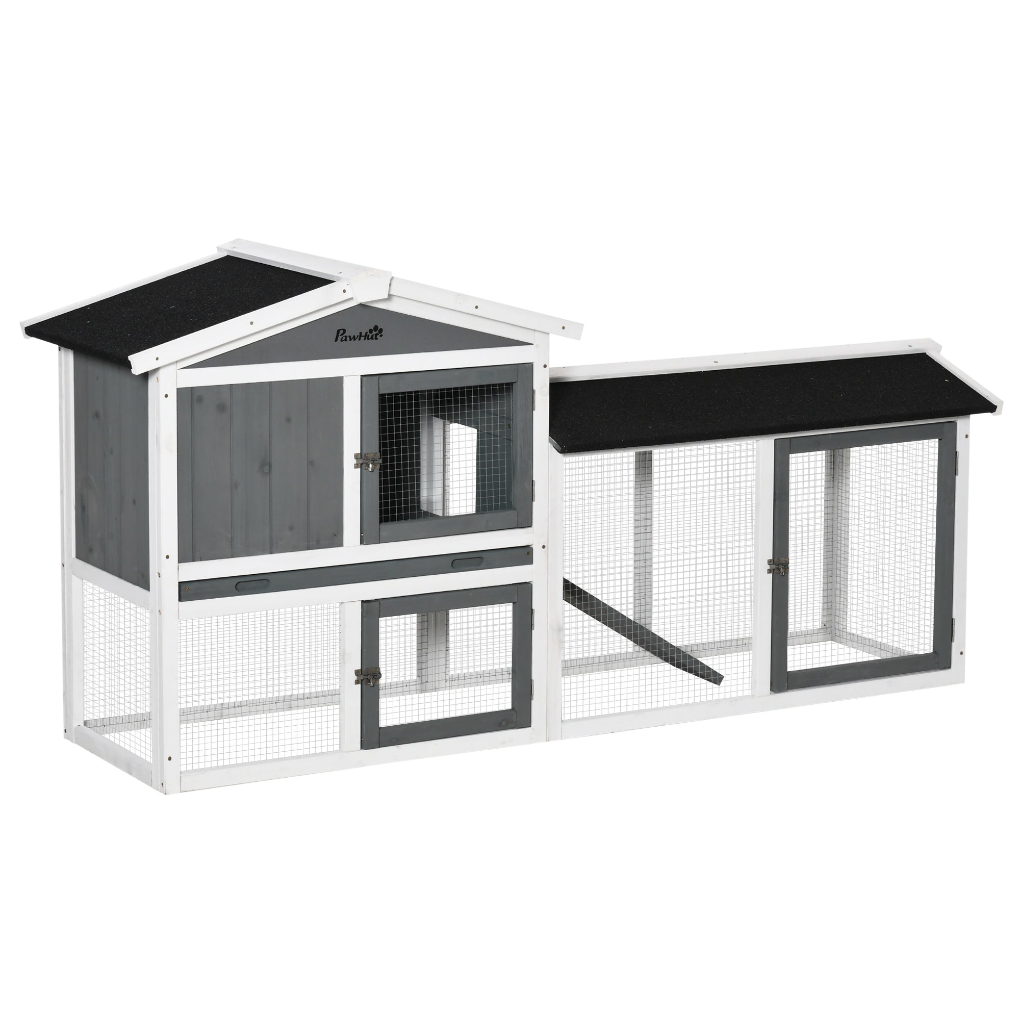Wooden Rabbit Hutch with Run, Tray, Ramp for 1-3 Rabbits, Guinea Pigs, White