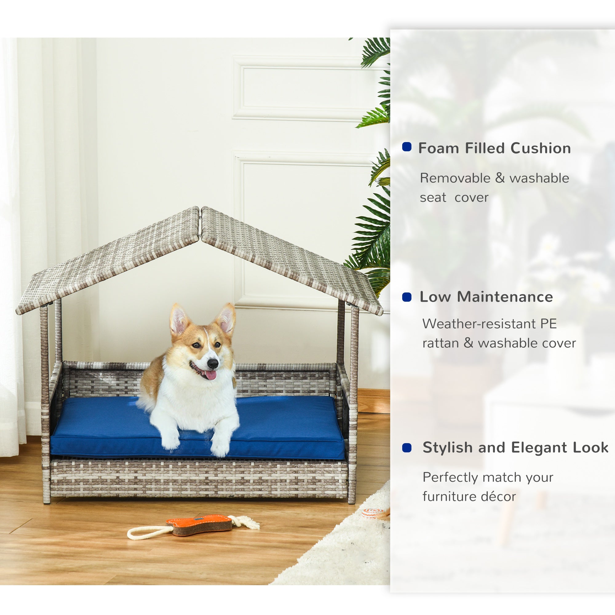 Pet House Wicker, for Indoor/Outdoor Rattan Furniture, with Water-Resistant and Removable Cushions, Elevated Bottom, Dark Blue
