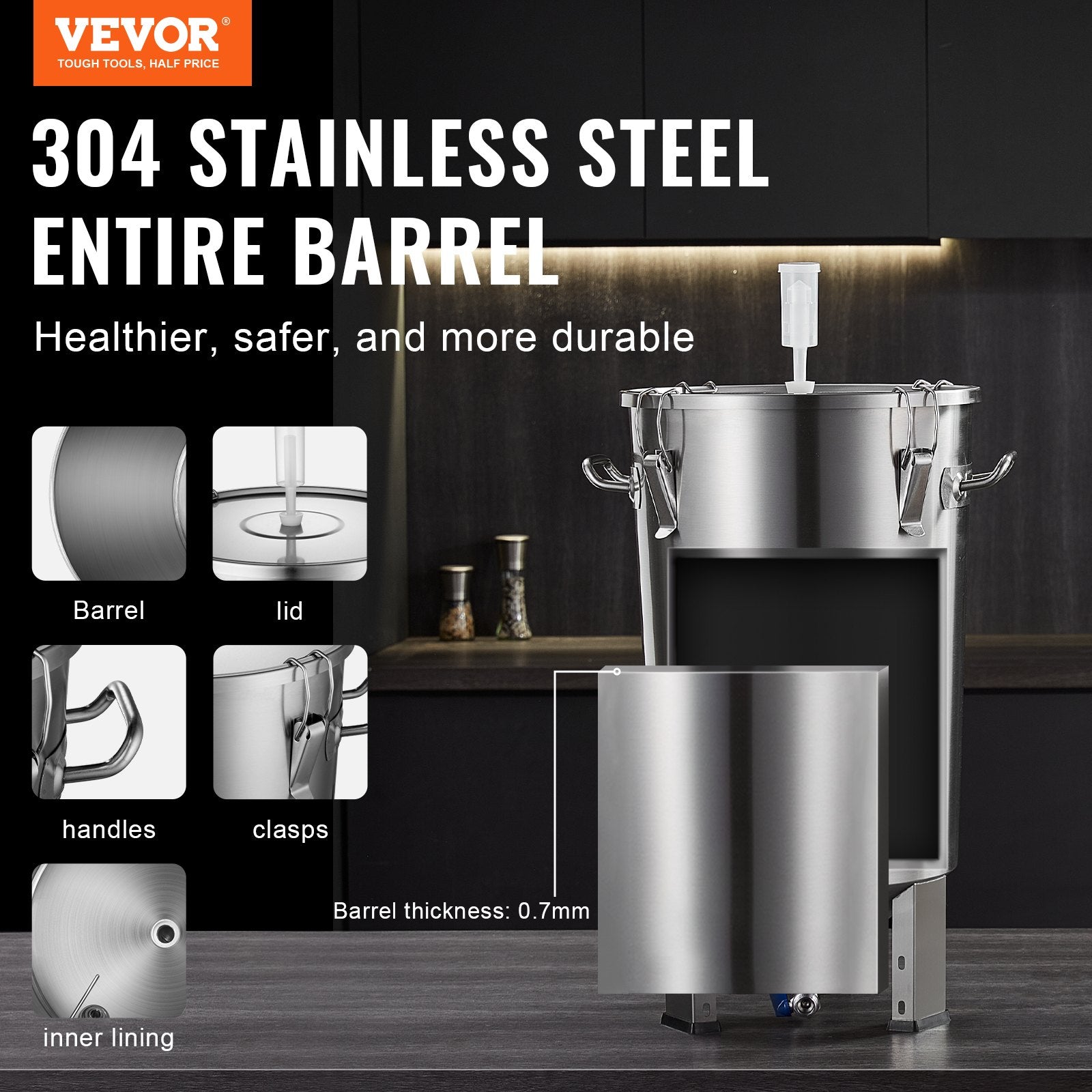 304 Stainless Steel Kettle, 8 GALLON Beer Brew Fermentor, Brew Bucket Fermentor For Brewing, Home Brewing Supplies With Base, Kettle Stock Pot Includes Lid, Handle, Valve, Spigot, Thermometer