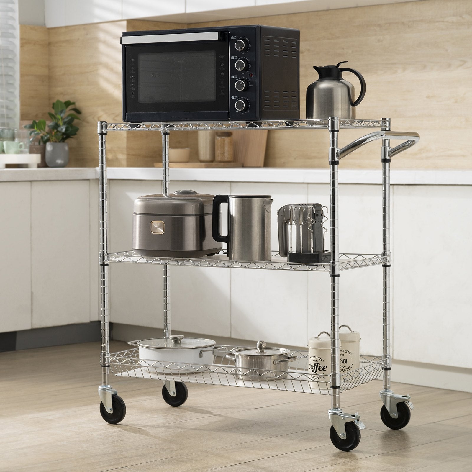 3-Tier Utility Cart Rolling Cart On Wheels 40.5'x17.7'x40.9' 661 LBS 6 Hooks