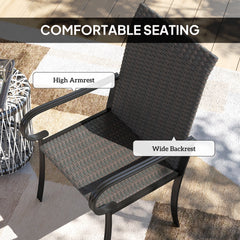 Set of 2 Outdoor Wicker Dining Chairs with Armrest, Steel Frame, High Back and Deep Seating, Brown