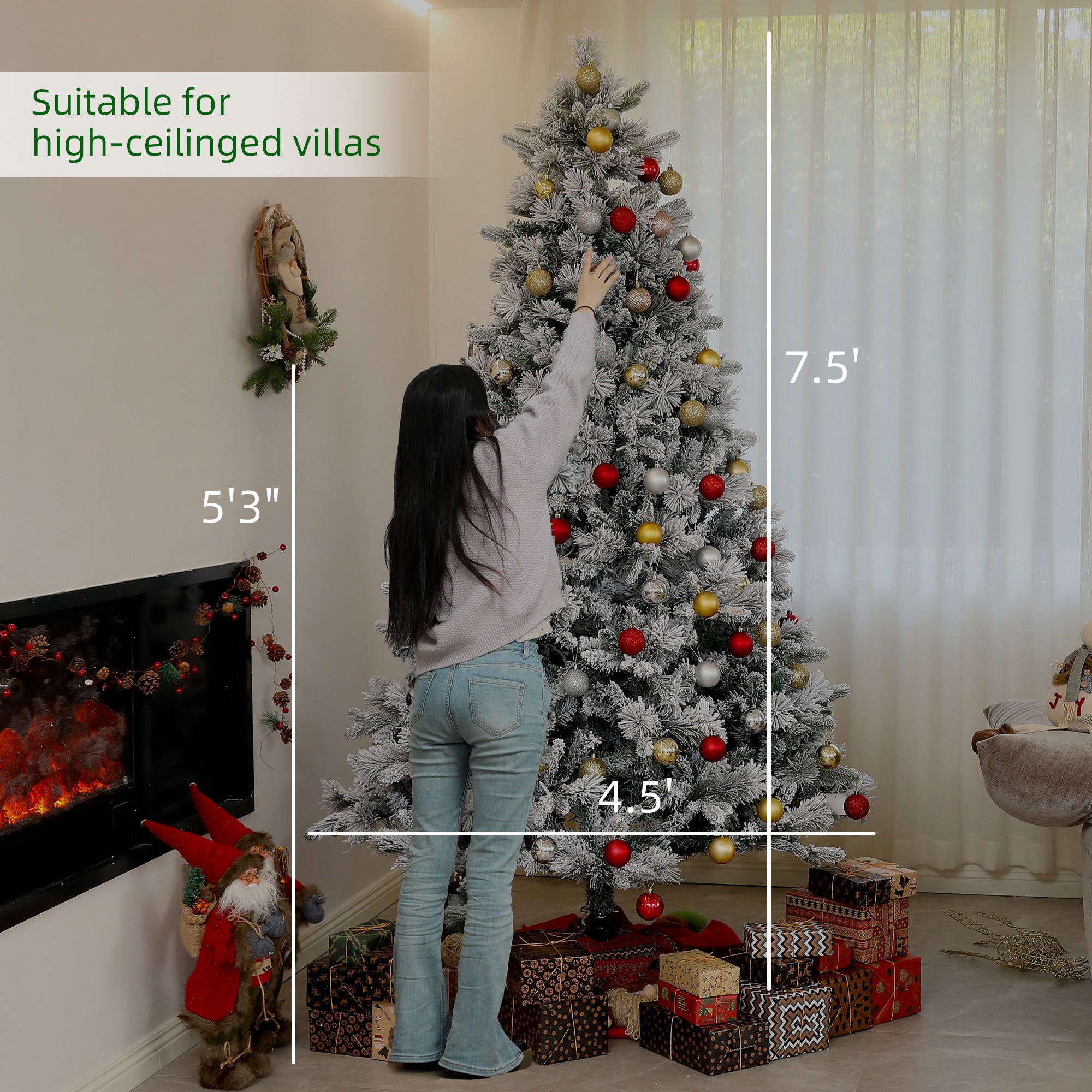 7.5 ft Prelit Flocked Artificial Christmas Tree with 500 Clear Lights, 1530 Tips, Metal Stand for Home Office Holiday