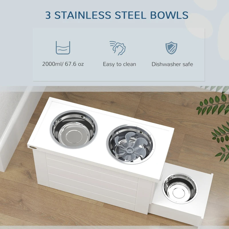 PawHut Elevated Dog Bowls With Slow Feeder Mat, Storage Cabinet, 3 Stainless Steel Bowls For Large & Extra Large Dogs, White
