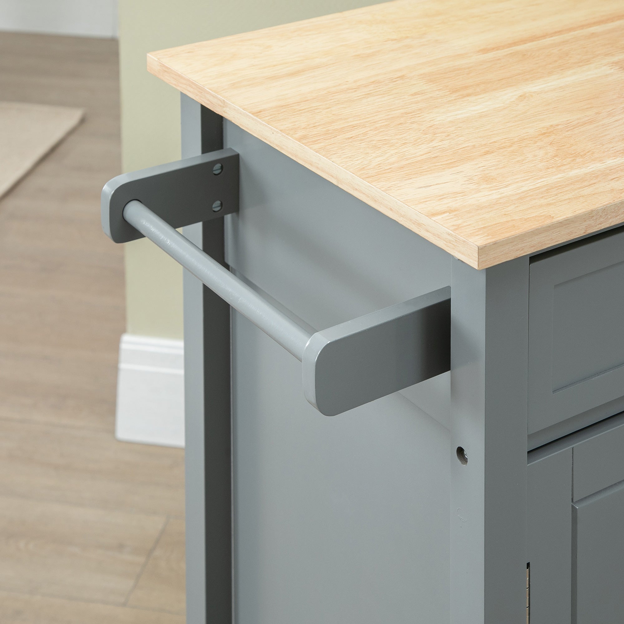 Kitchen Island Cart, Rolling Kitchen Island with Storage Shelf, Solid Wood Top, Drawer, for Dining Room, Gray