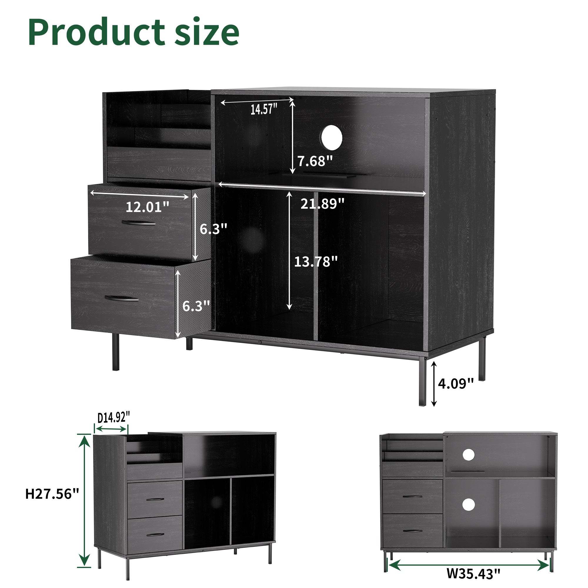 Record Player Stand With Power Outlet  Flip-Down Lid, Turntable Table With Storage For 300 Vinyls, Black Wood Grain Media Console With 2 Drawers, 27.6 With Dust Protection, Some Assembly Required,