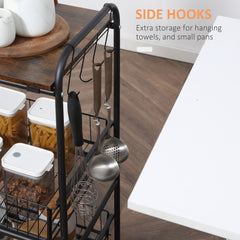 3 Tier Kitchen Cart with Storage, Rolling Kitchen Island Cart with 2 Sliding Fruit Basket and Side Hooks for Dining Room, Rustic Brown