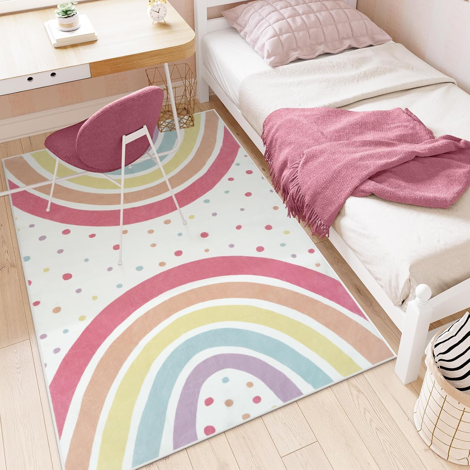 Washable Rainbow Rug For Girl Nursery, Small Rug 3X 5 Colorful Area Rugs For Kids Bedroom, Non-Slip Soft Polka Dot Carpet Kids Rugs For Classroom Playroom Tent Castle