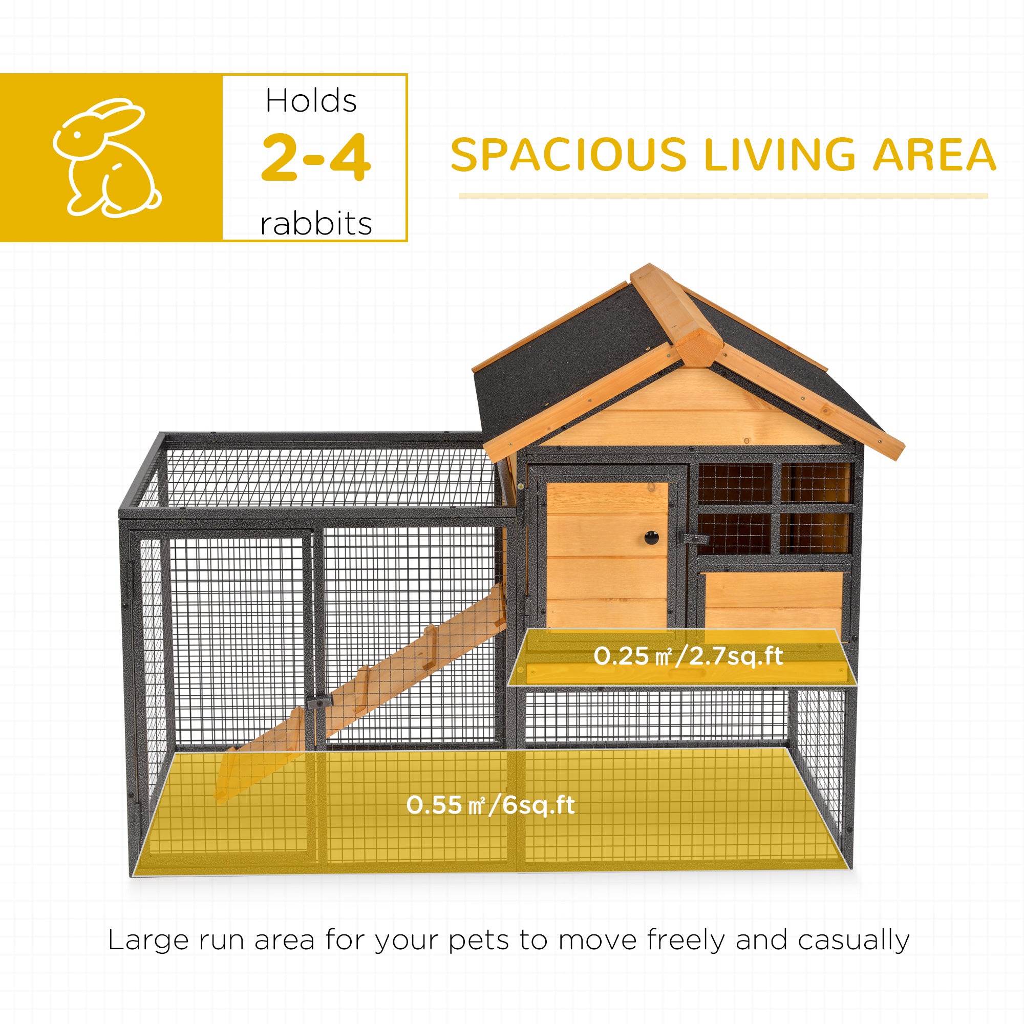 2-Level Rabbit Hutch Bunny Cage, Elevated Pet House With Weatherproof Hinged Asphalt Roof, Removable Tray & Ramp For Outdoor, Natural