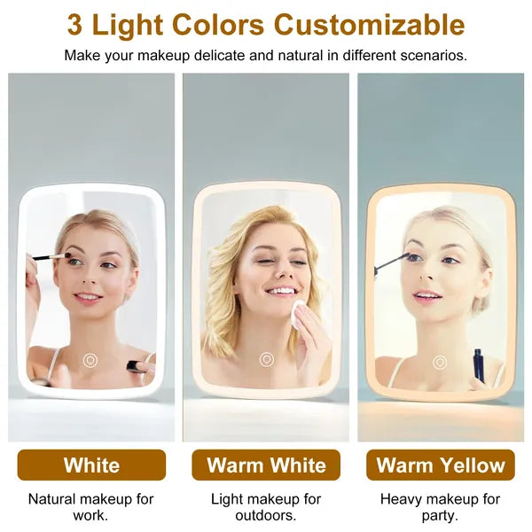 5.98x8.62in Lighted Makeup Mirror Vanity Desk Mirror Small LED Mirror With 3 Light Colors Touch Screen Brightness Adjustable USB Rechargeable