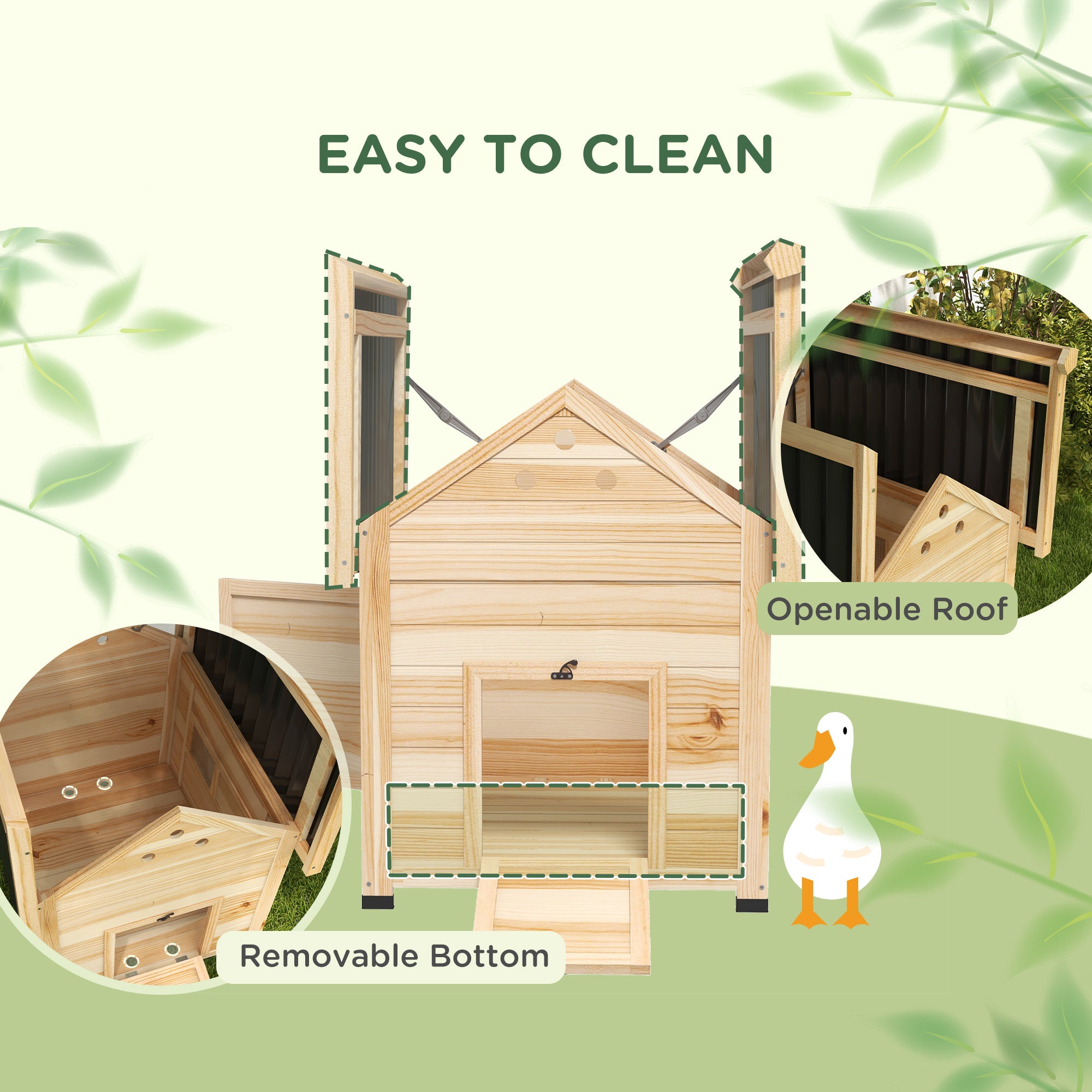 Duck Coop, Wooden Duck House with Openable Roof & Double Doors, Natural Wood