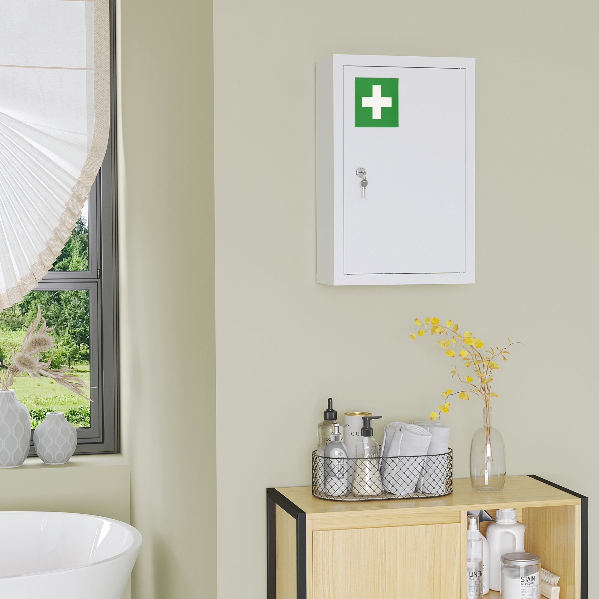 12" x 18" Lockable Medicine Cabinet, 3 Tier Steel Medical Wall Box with 2 Keys and Shelves for Bathroom, White
