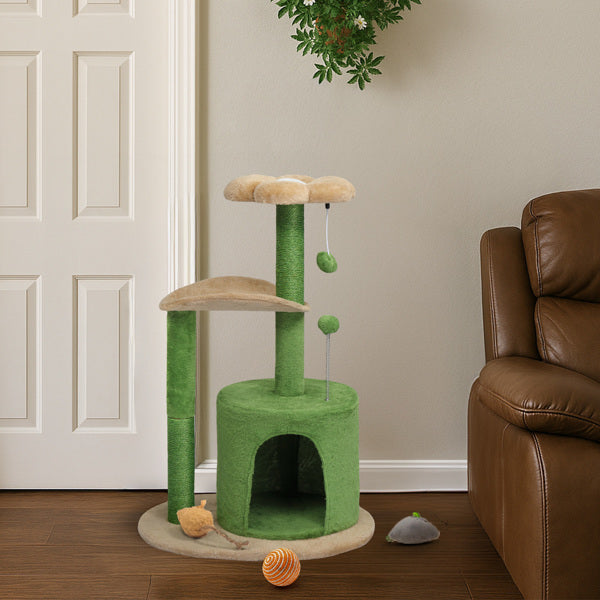 33in Cat Tree, Multi-level Cat Tower With Cat Scratching Post With Curved Perch, Cozy Cat Condo, Padded Top Bed For Kittens And Indoor Cats, Beige & Green