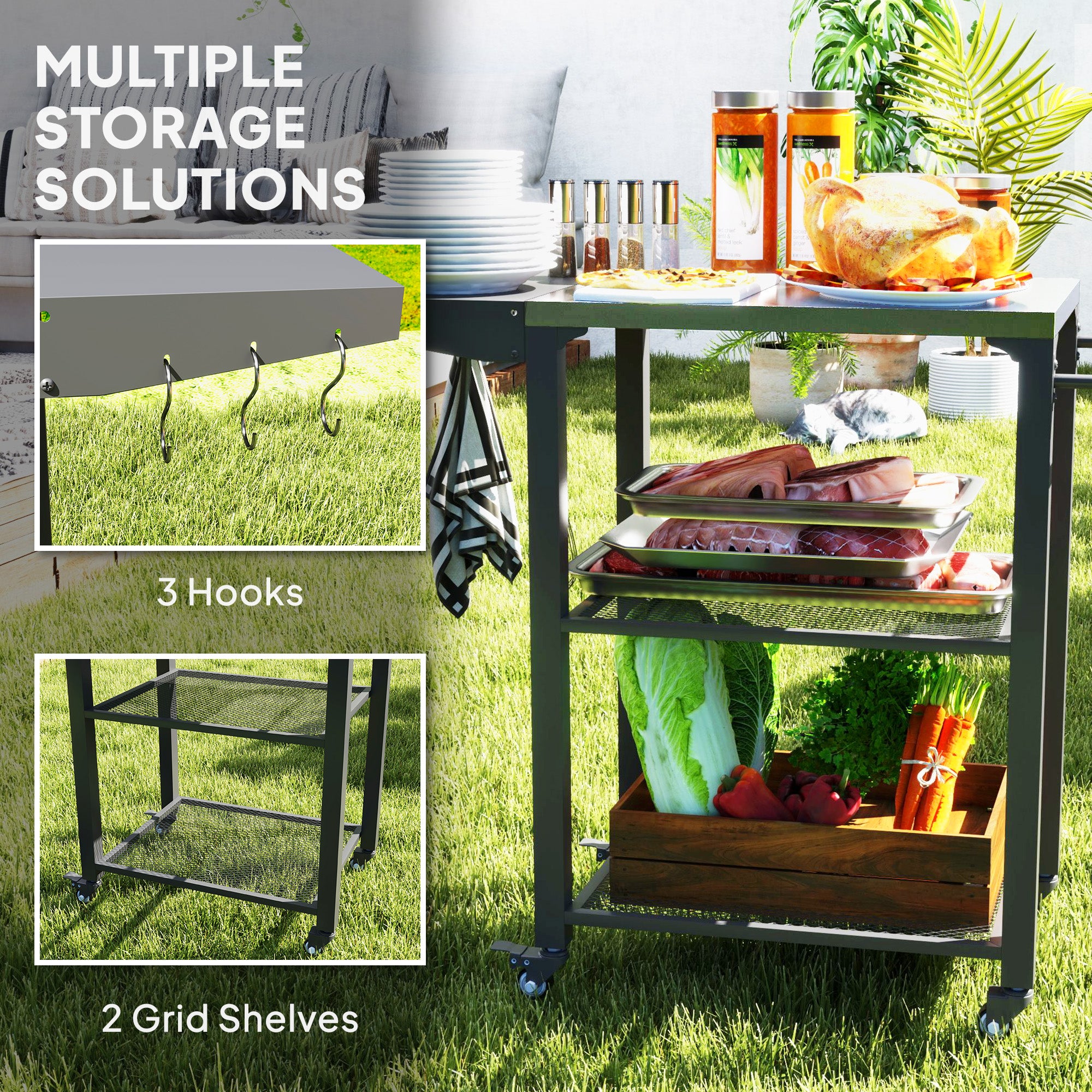 Three-Shelf Outdoor Grill Cart Table With Foldable Side Table, Stainless Steel Top Pizza Oven Stand With Hooks, Silver