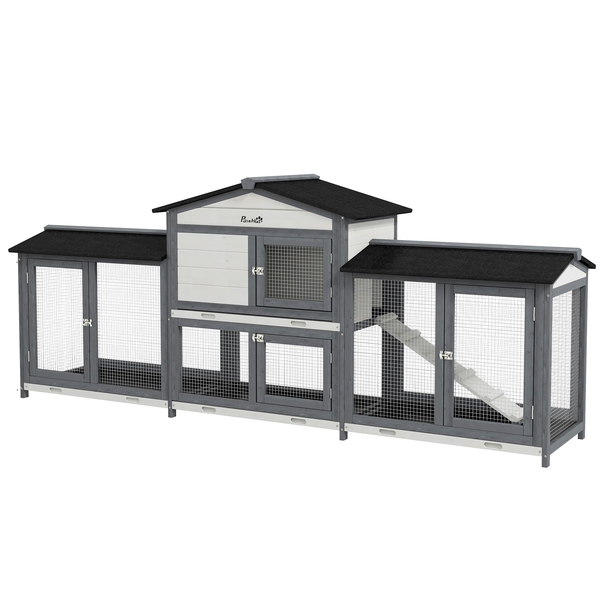 90.5" Wooden Rabbit Hutch Bunny Cage Pet Playpen House Enclosure with Double Side Run Boxes, No Leak Tray, Ramp, for Rabbits, Chickens, Ducks, Guinea Pig and Small Animals, Light Gray