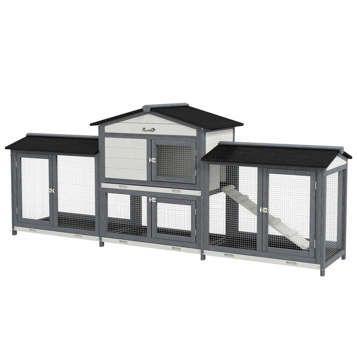90.5" Wooden Rabbit Hutch Bunny Cage Pet Playpen House Enclosure with Double Side Run Boxes, No Leak Tray, Ramp, for Rabbits, Chickens, Ducks, Guinea Pig and Small Animals, Light Gray