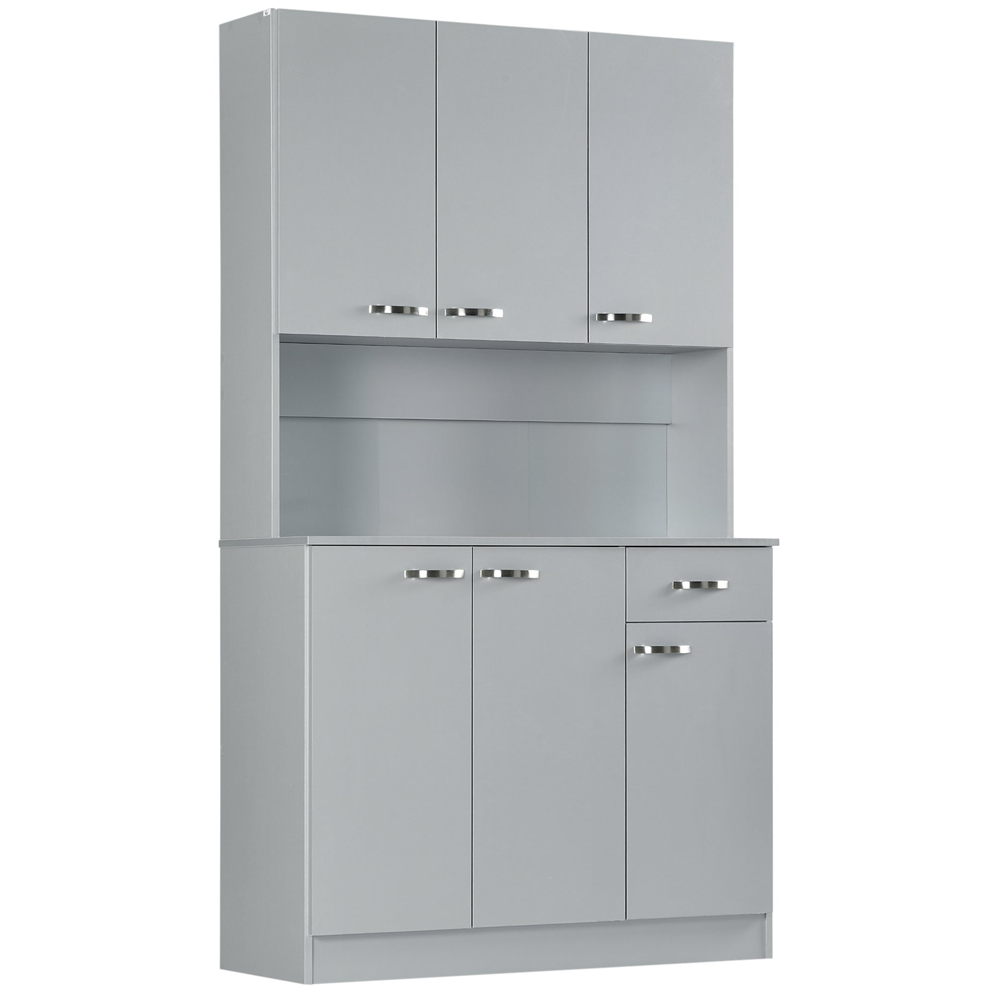71" Kitchen Pantry Cabinet, Tall Storage Cabinet with Microwave Stand, Modern Kitchen Hutch with Countertop, 6 Doors, Storage Drawer, 3 Adjustable Shelves for Living Room, Dining Room, Gray