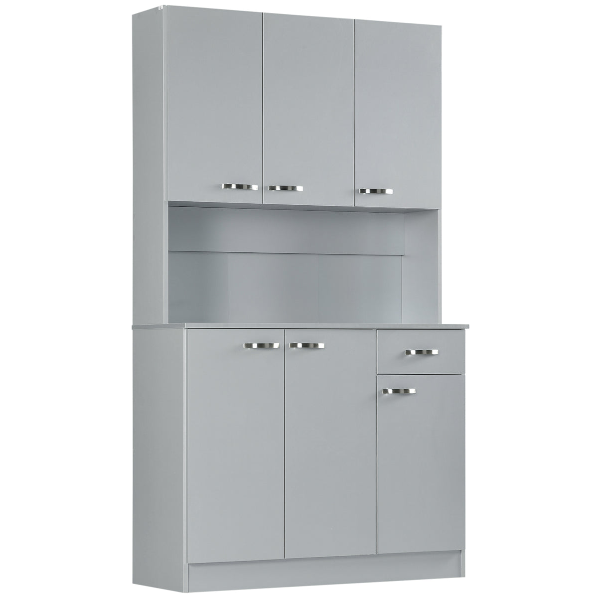 71" Kitchen Pantry Cabinet, Tall Storage Cabinet with Microwave Stand, Modern Kitchen Hutch with Countertop, 6 Doors, Storage Drawer, 3 Adjustable Shelves for Living Room, Dining Room, Gray