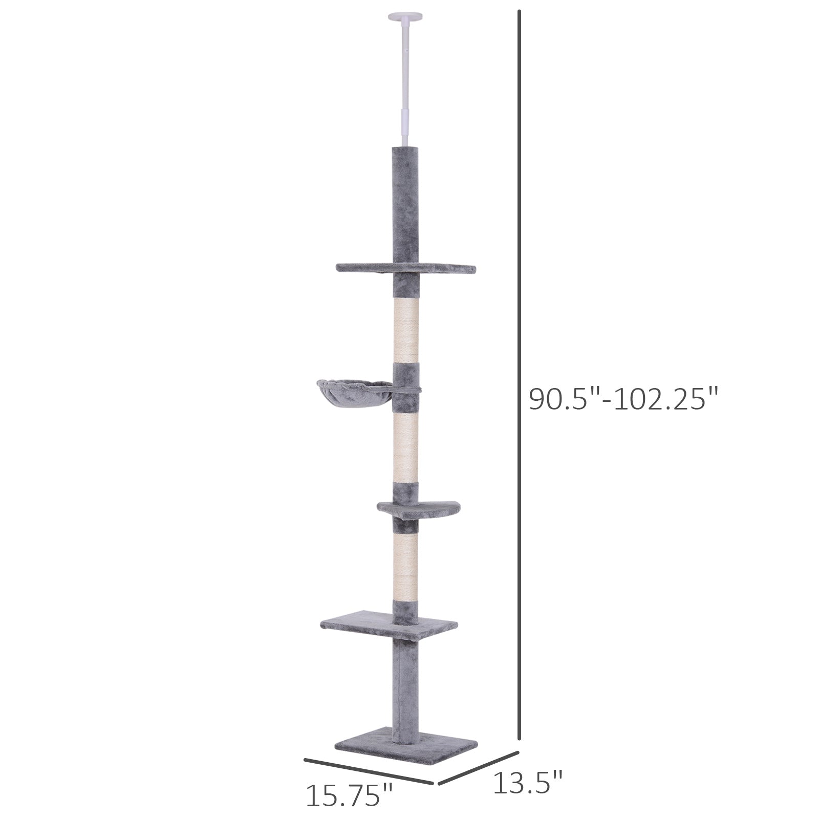 102" Adjustable Height Floor to Ceiling Cat Tree, 5 Level Cat Tower with Scratching Posts, Hammock, Gray