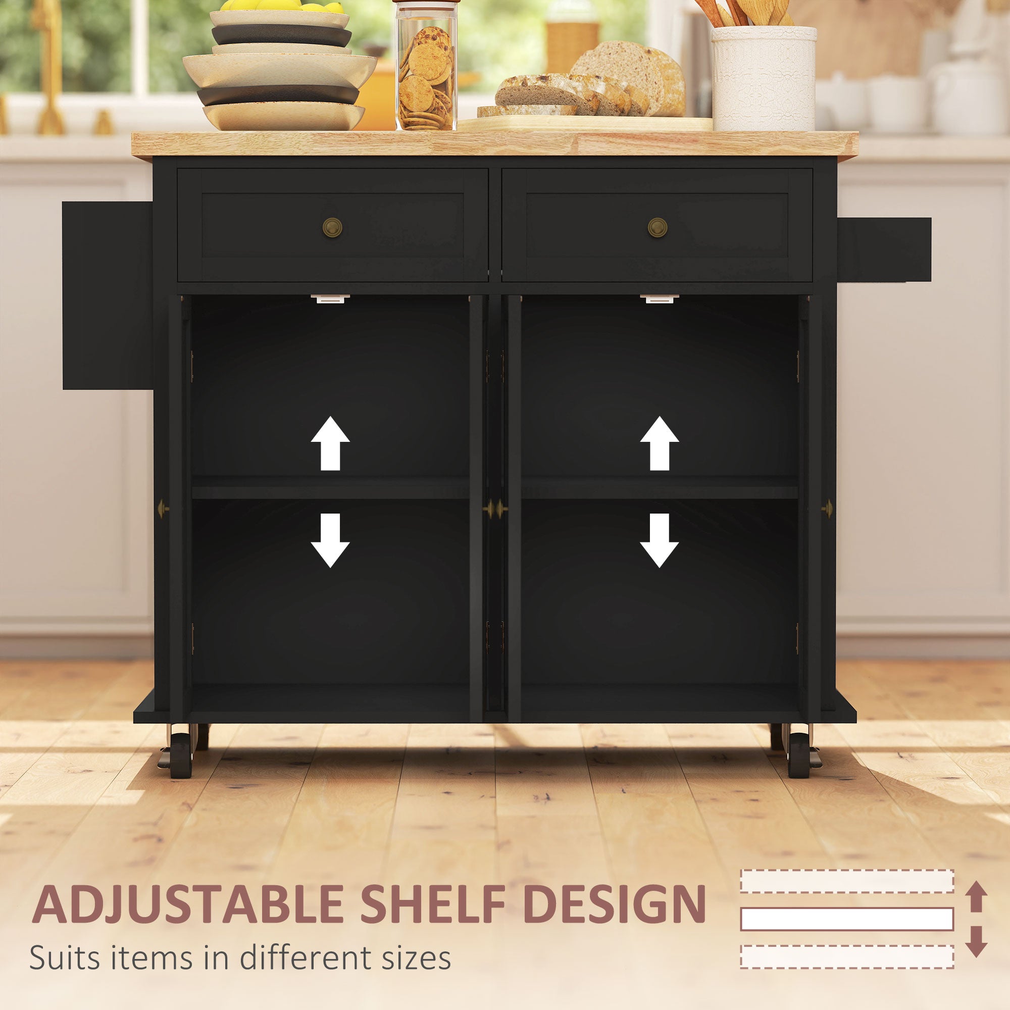 Kitchen Island Cart with Rubber Wood Top, Rolling Kitchen Island Table on Wheels with Drawers, Adjustable Shelves, Spice Rack and Towel Rack for Dining Room, Black