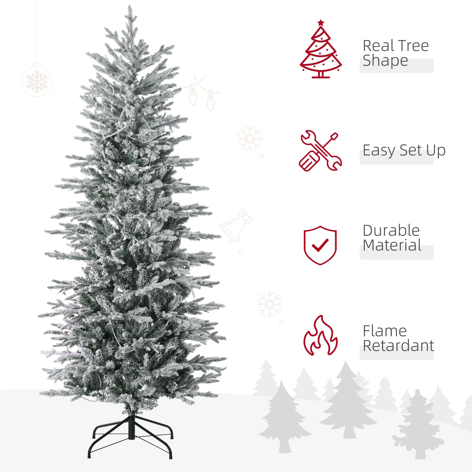 HOMCOM 6ft Tall Prelit Artificial Christmas Tree Holiday Decor With 636 Snow Flocked Branches, 250 Warm Yellow Clear Lights, Auto Open, Extra Bulb