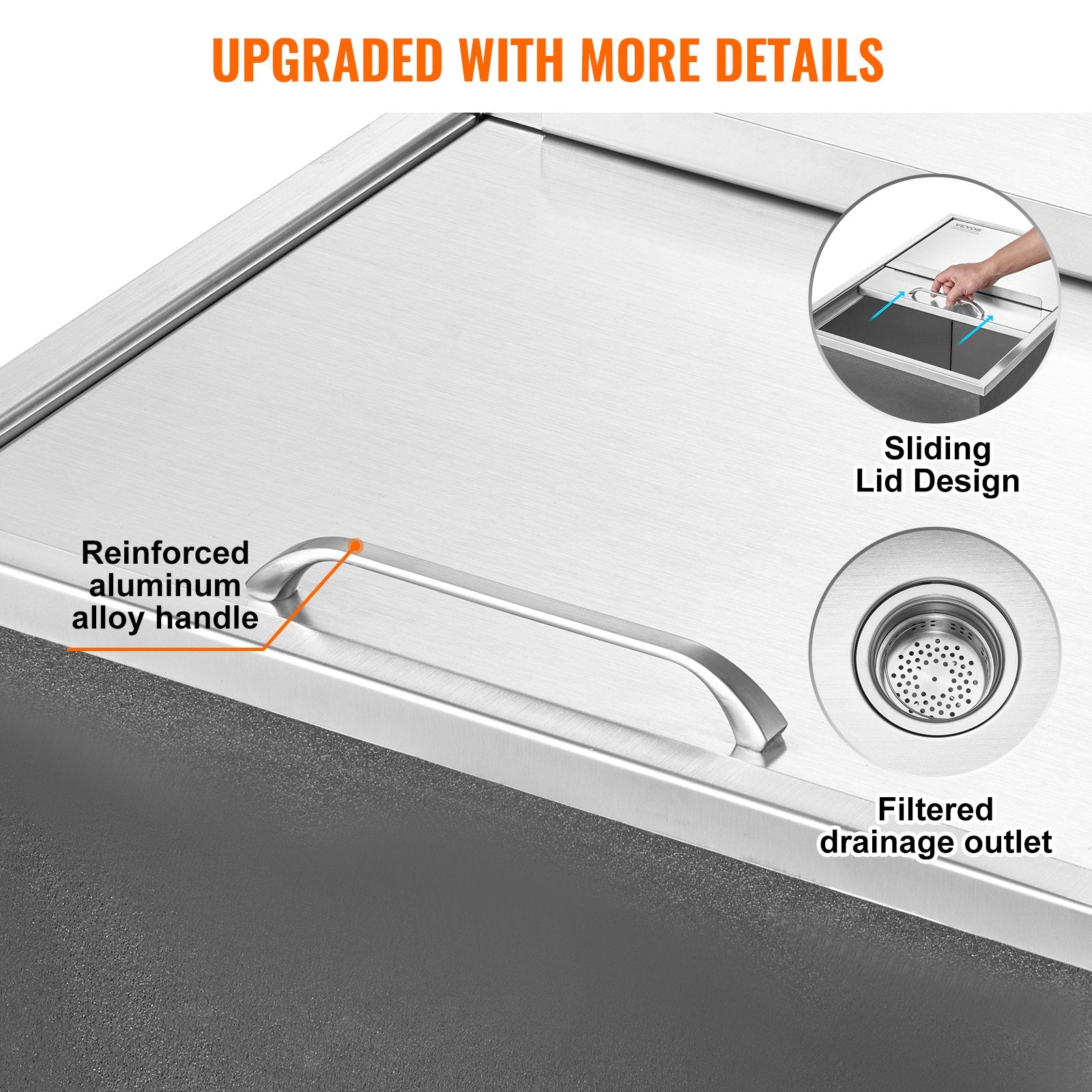 Drop In Ice Chest, 27'L X 18'W X 21'H Stainless Steel Ice Cooler, Commercial Ice Bin With Sliding Cover, 40.9 Qt Outdoor Kitchen Ice Bar, Drain-pipe And Drain Plug Included, For Cold Wine Beer