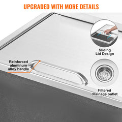 Drop In Ice Chest, 27'L X 18'W X 21'H Stainless Steel Ice Cooler, Commercial Ice Bin With Sliding Cover, 40.9 Qt Outdoor Kitchen Ice Bar, Drain-pipe And Drain Plug Included, For Cold Wine Beer