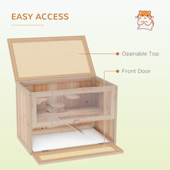2-Tier Hamster Habitat Openable Top Front Door Shelf Ladder Stable Fir Wood Frame Nature Wood