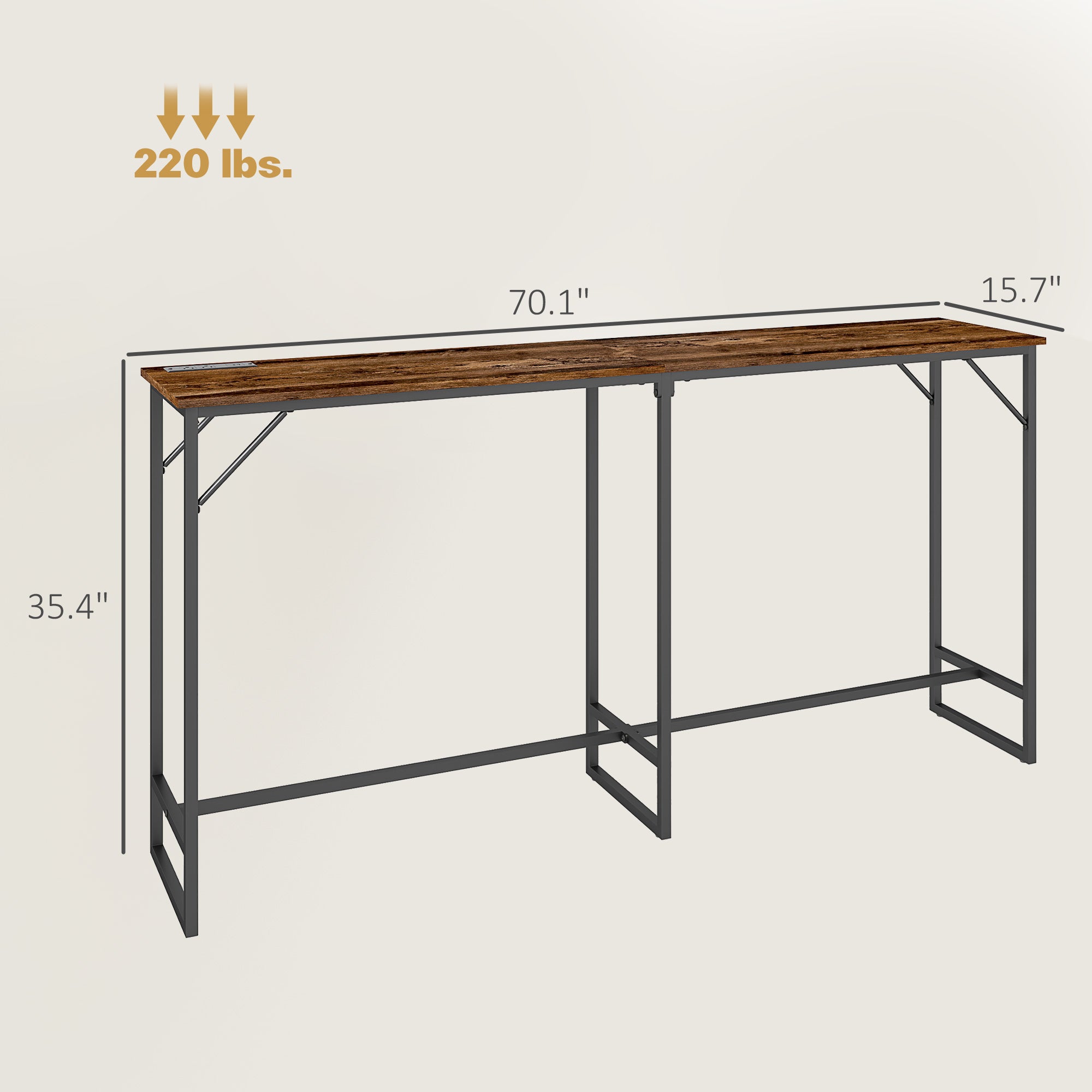70" Bar Table with Charging Station, Industrial Rectangular Bar Height Pub Table with Steel Frame, Rustic Brown