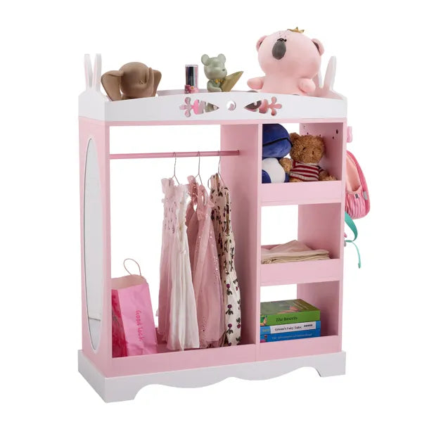 Pink MDF + Particleboard Children's Wardrobe With 1 Mirror, 3 Shelves, And 1 Clothes Rod; Rabbit Ear Design