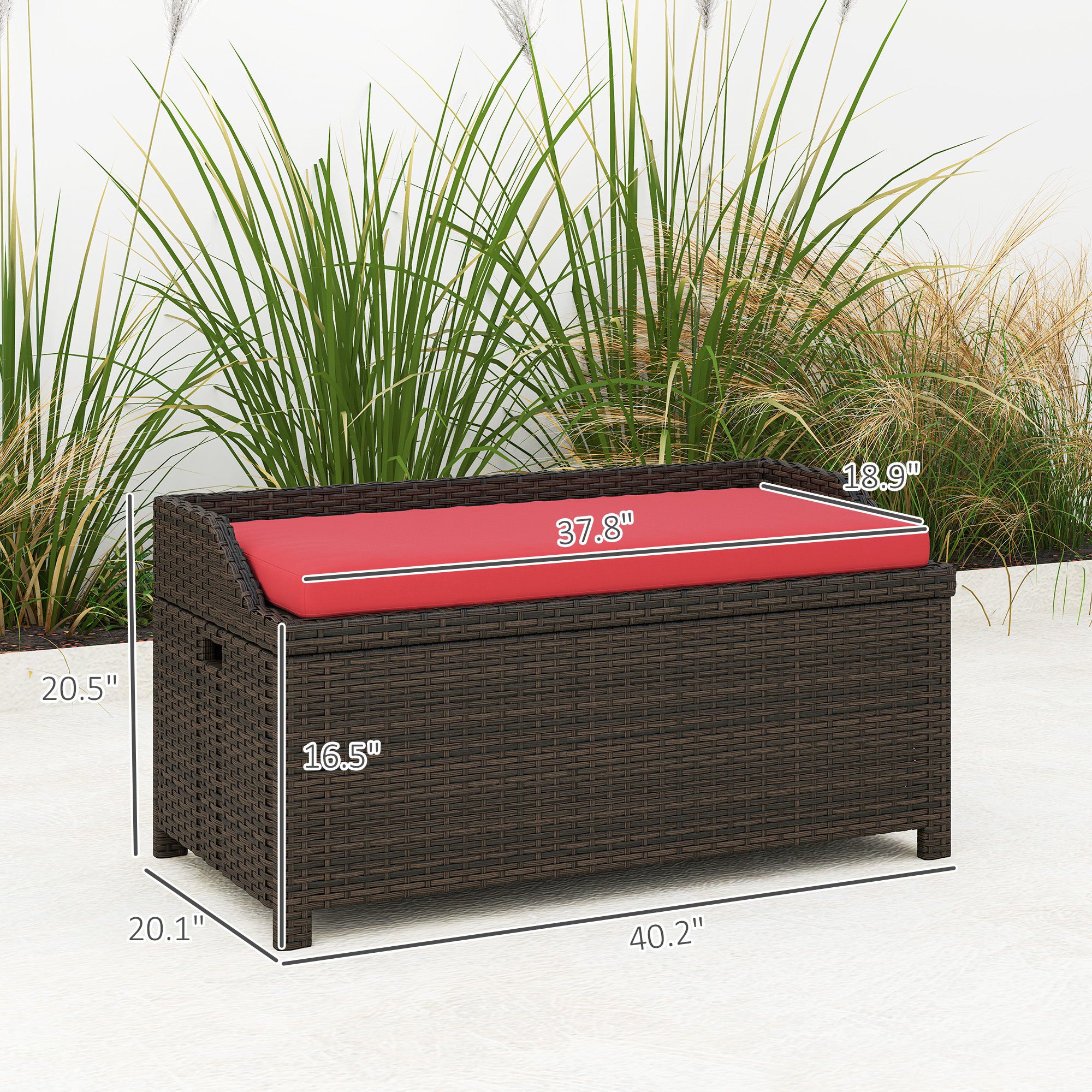 Outdoor Wicker Storage Bench With Storage & Cushion, Red