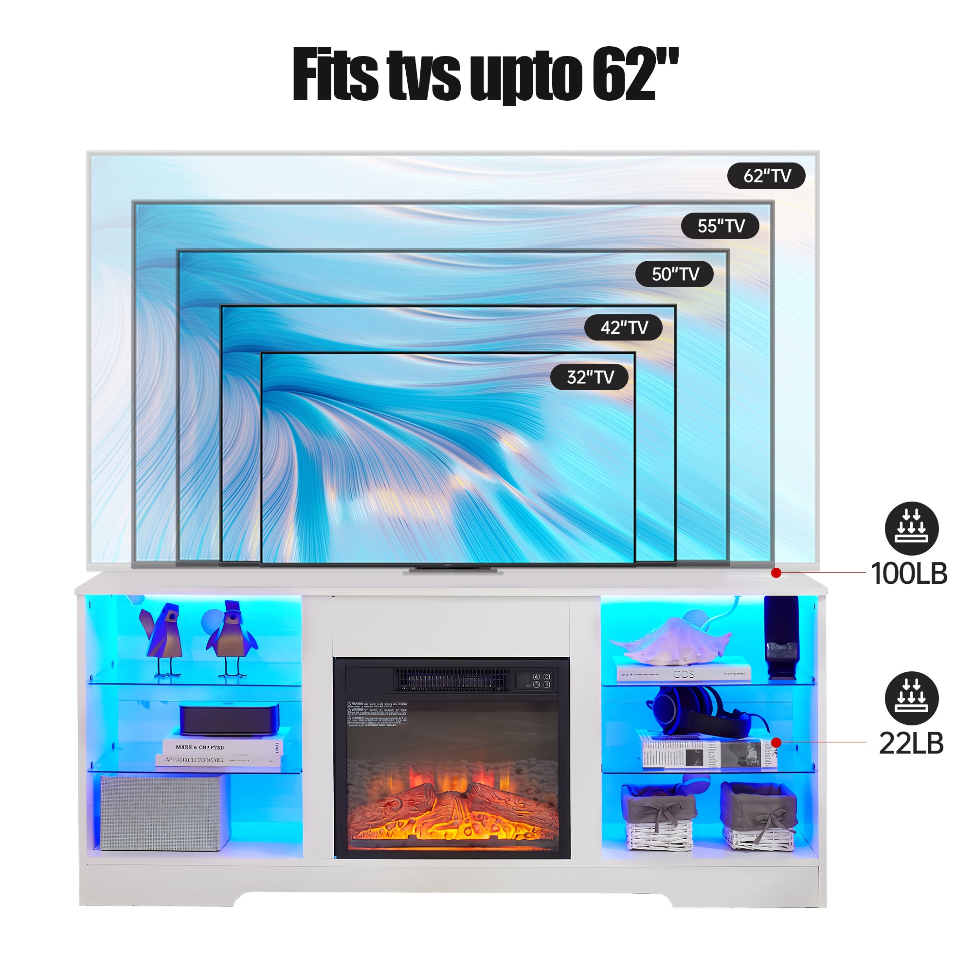 TV Stand Electric Fireplace  Glass Shelves, 3D Fireplace TV Stand With LED Lights Wood With USB Charging Outlet Modern Television Table Center For TV Up To 62 White, 58Wx15.5Dx24.4