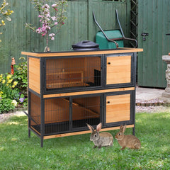 2-Story Large Rabbit Hutch Bunny Cage Wooden Pet House Metal Frame With Rooms, Ramp, No Leak Tray, Feeding Trough, Waterproof Asphalt Roof For Rabbits, Chickens, Ducks, OutdoorIndoor