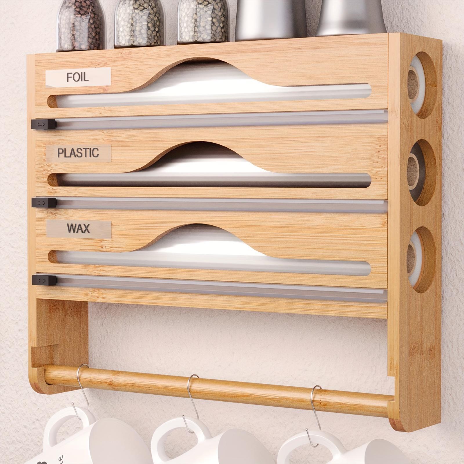 Bamboo Plastic Wrap Cutter With Paper Towel Holder Kitchen Wall-mounted Tinfoil Cutter With Three-grid Cutter And Paper Towel Storage Rack