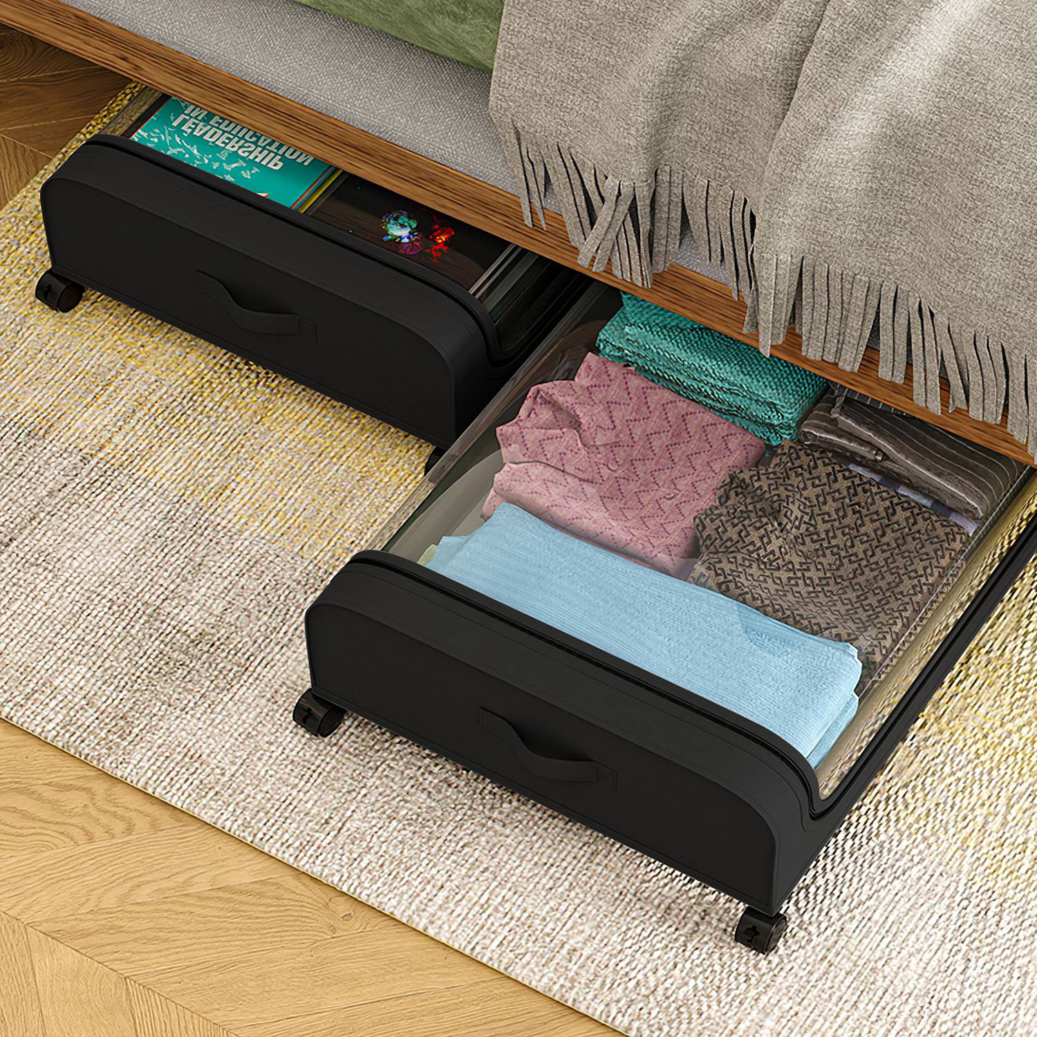 2Pcs  Under Bed Storage Containers With Lid Wheels Strap Handles 42L 11Gal Per Container Fedex Shipping