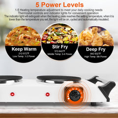 Black-White Options -- 2000W Electric Dual Burner Portable Coil Heating Hot Plate Stove Countertop RV Hotplate With 5 Temperature Adjustments Portable Handles