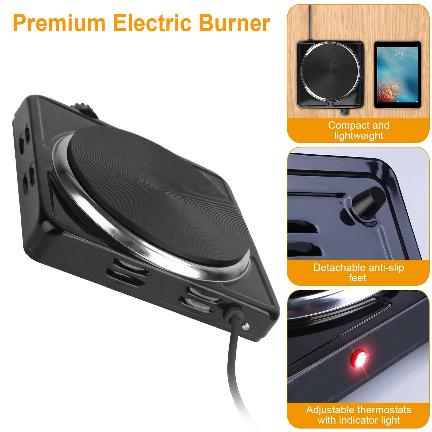 1500W Electric Single Burner Portable Heating Hot Plate Stove Countertop RV Hotplate With Non Slip Rubber Feet 5 Temperature Adjustments