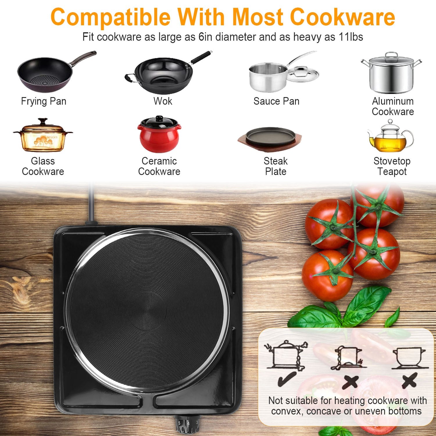 1500W Electric Single Burner Portable Heating Hot Plate Stove Countertop RV Hotplate With Non Slip Rubber Feet 5 Temperature Adjustments