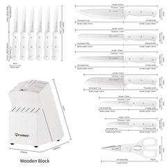 15 Pieces Of White Carbon Steel Blade Kitchen Knife Set, Equipped With A Genuine Wooden Frame, Internal Sharpener, And Kitchen Scissors
