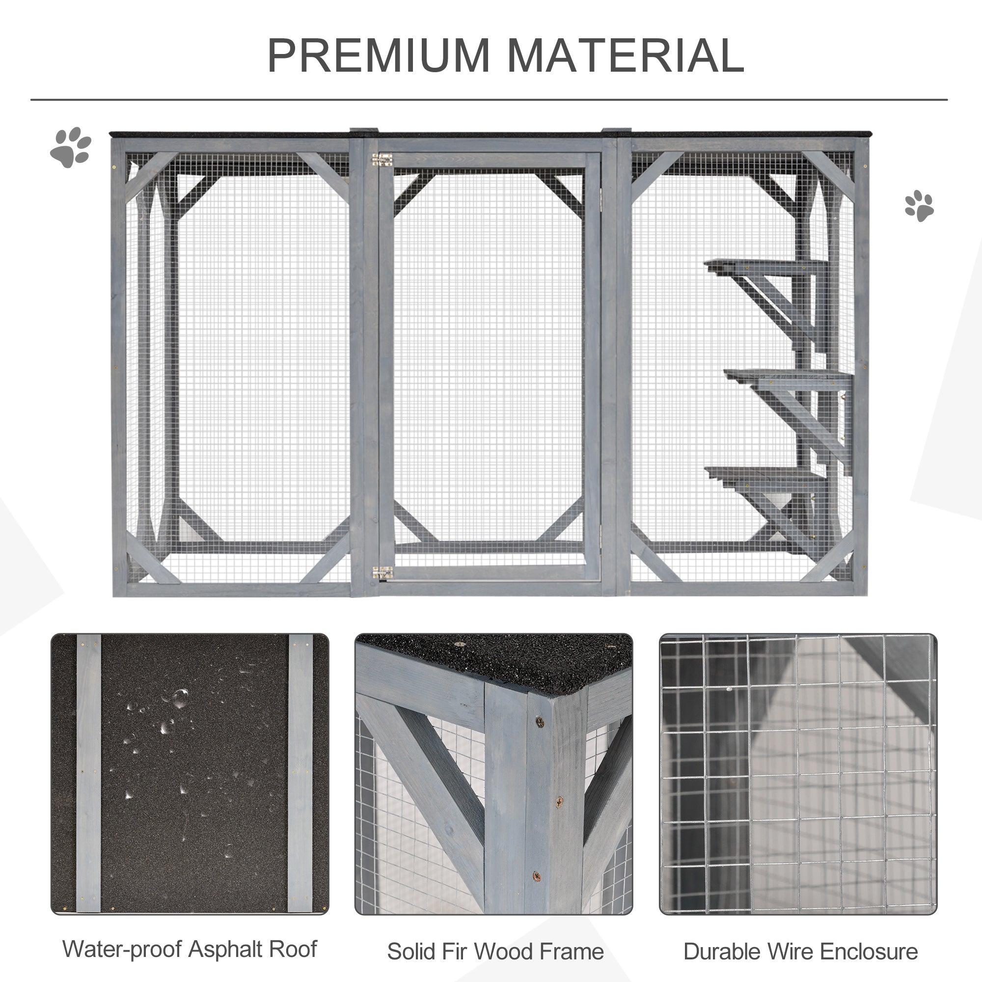 71" x 32" x 44" Large Wooden Outdoor Cat Enclosure Catio Cage With 3 Platforms, Gray