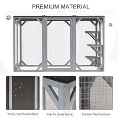 71" x 32" x 44" Large Wooden Outdoor Cat Enclosure Catio Cage With 3 Platforms, Gray