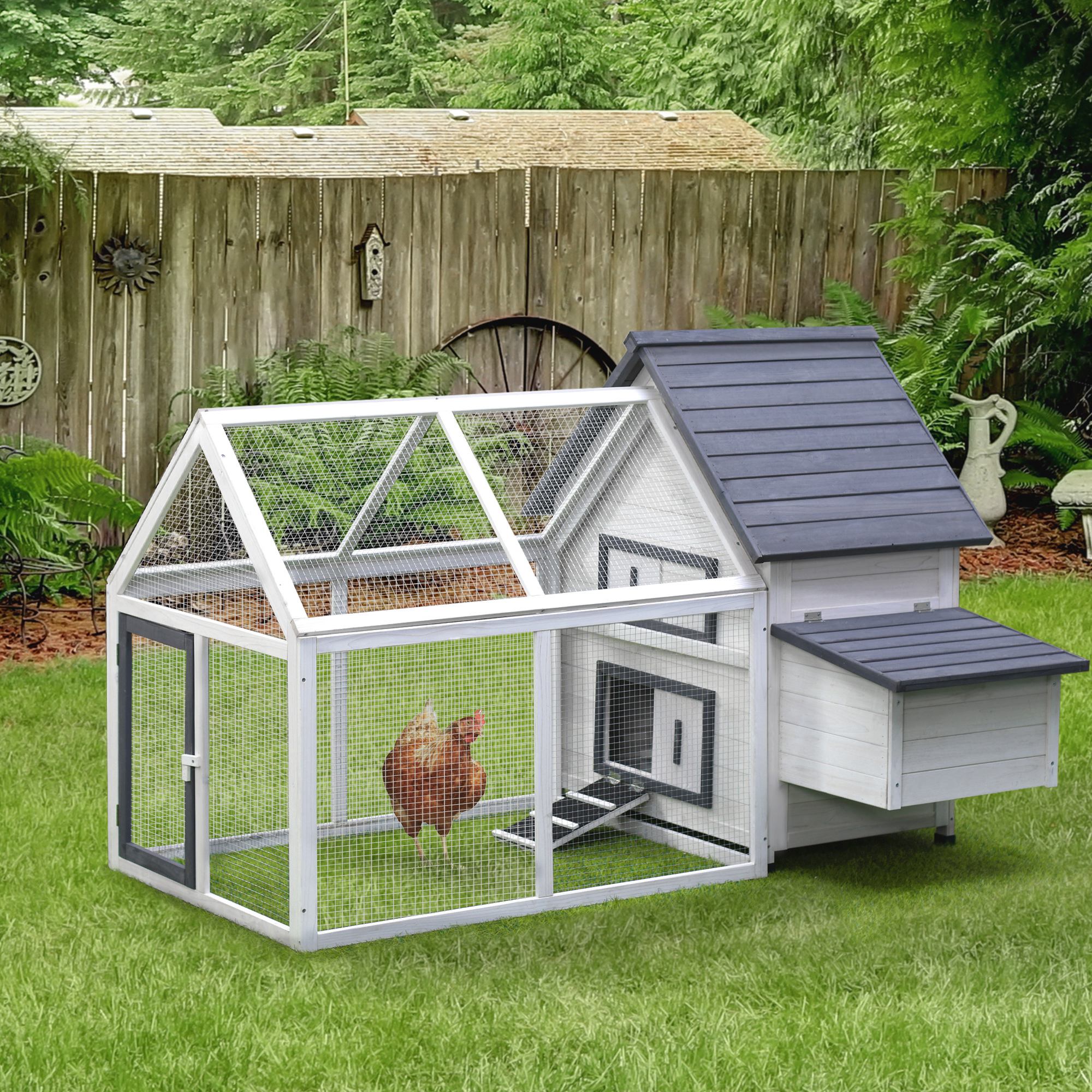 65" Chicken Coop Wooden Chicken House Rabbit Hutch Poultry Cage Hen Pen Backyard with Nesting Box, Ramp, Run