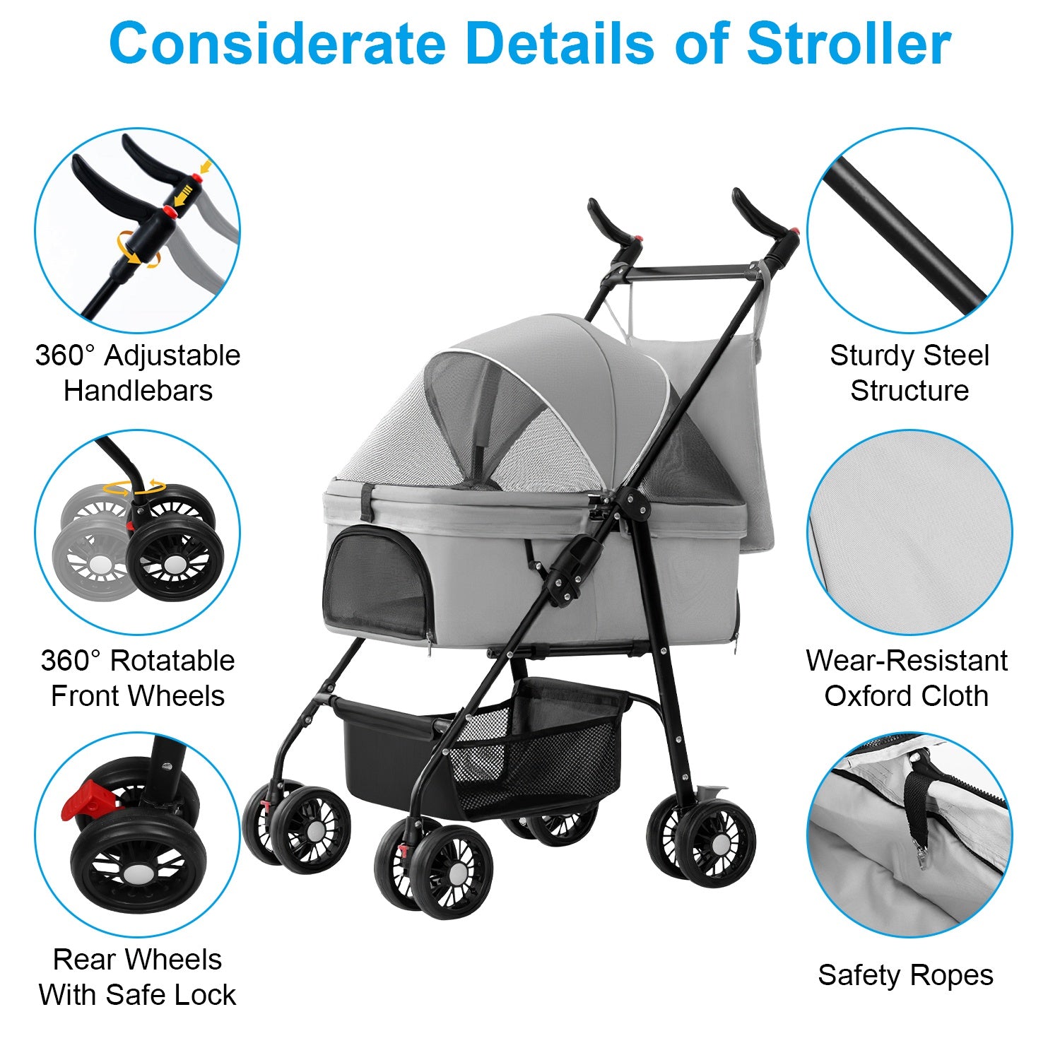 1Pc 4-Wheels Pet Stroller Foldable Carrier Strolling Cart Travel Jogger Pet Stroller With Removable Liner Storage Basket For Dog Cat