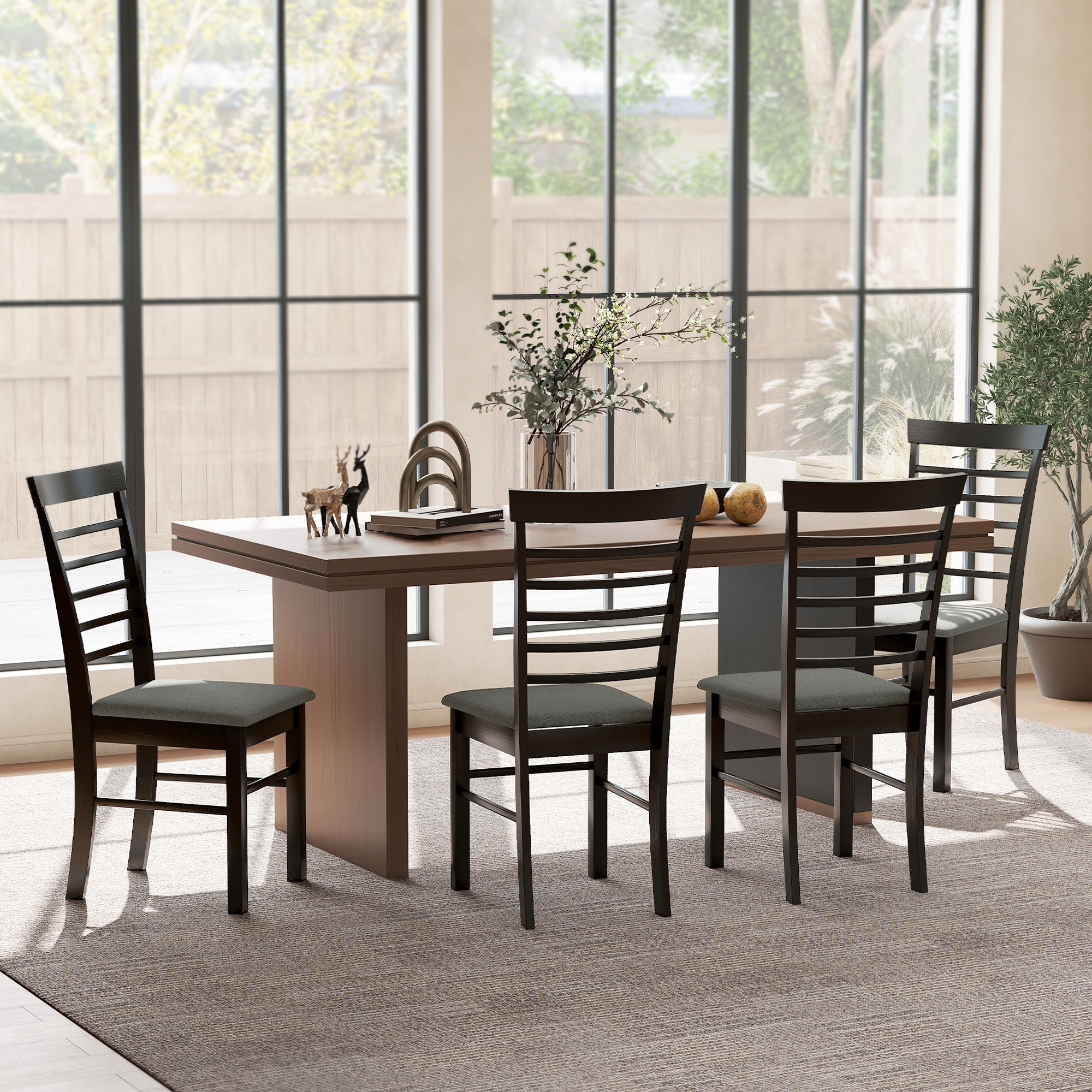 Wooden Dining Chairs Set of 4, Farmhouse Upholstered Kitchen Chairs with Rubber Wood Frame, Black and Gray