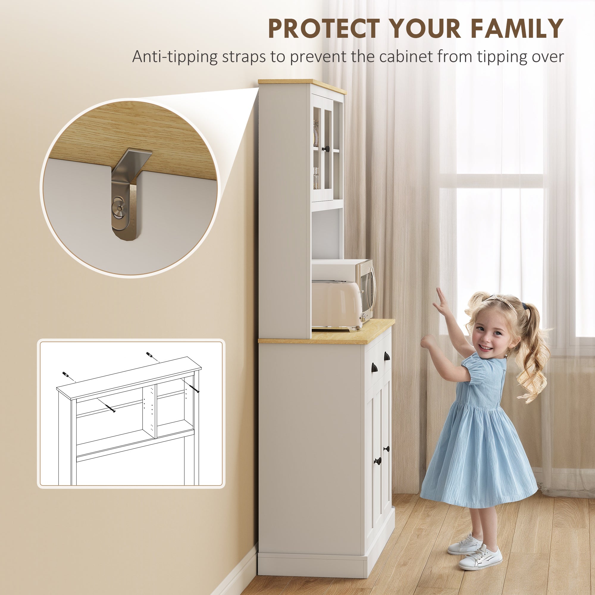 Freestanding Kitchen Cabinet, 71" Tall Pantry Cabinet, Modern Hutch with Wide Countertop, Adjustable Shelves, White