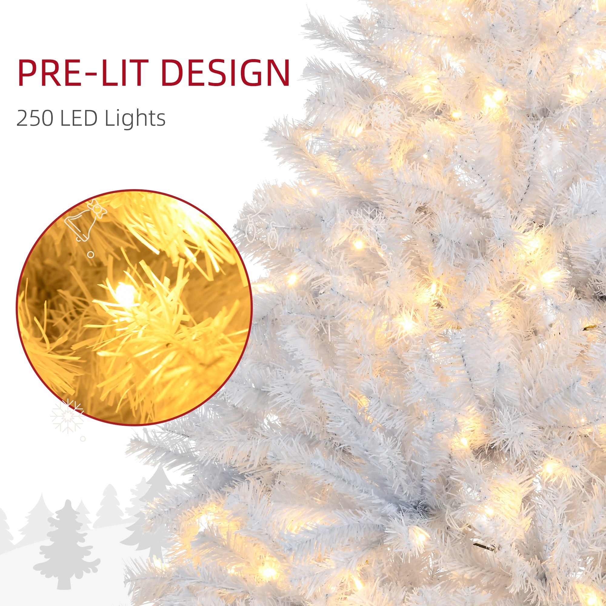 HOMCOM 6ft Tall Prelit Artificial Christmas Tree Holiday Decor With 638 Branches, 220 Warm White LED Lights, Auto Open, White