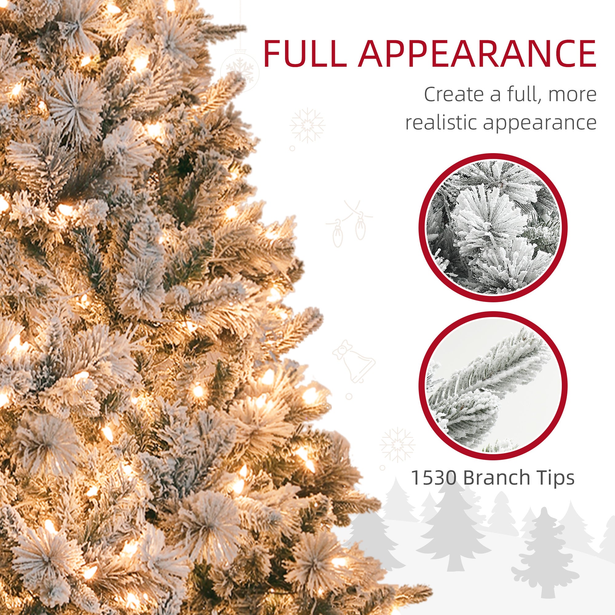 HOMCOM 7.5 Ft Pre-Lit Artificial Christmas Tree With 500 Clear Lights And 1530 Tips, Snow Flocked Christmas Tree With Metal Stand, Hinged Xmas Tree For Home Office Holiday, Green