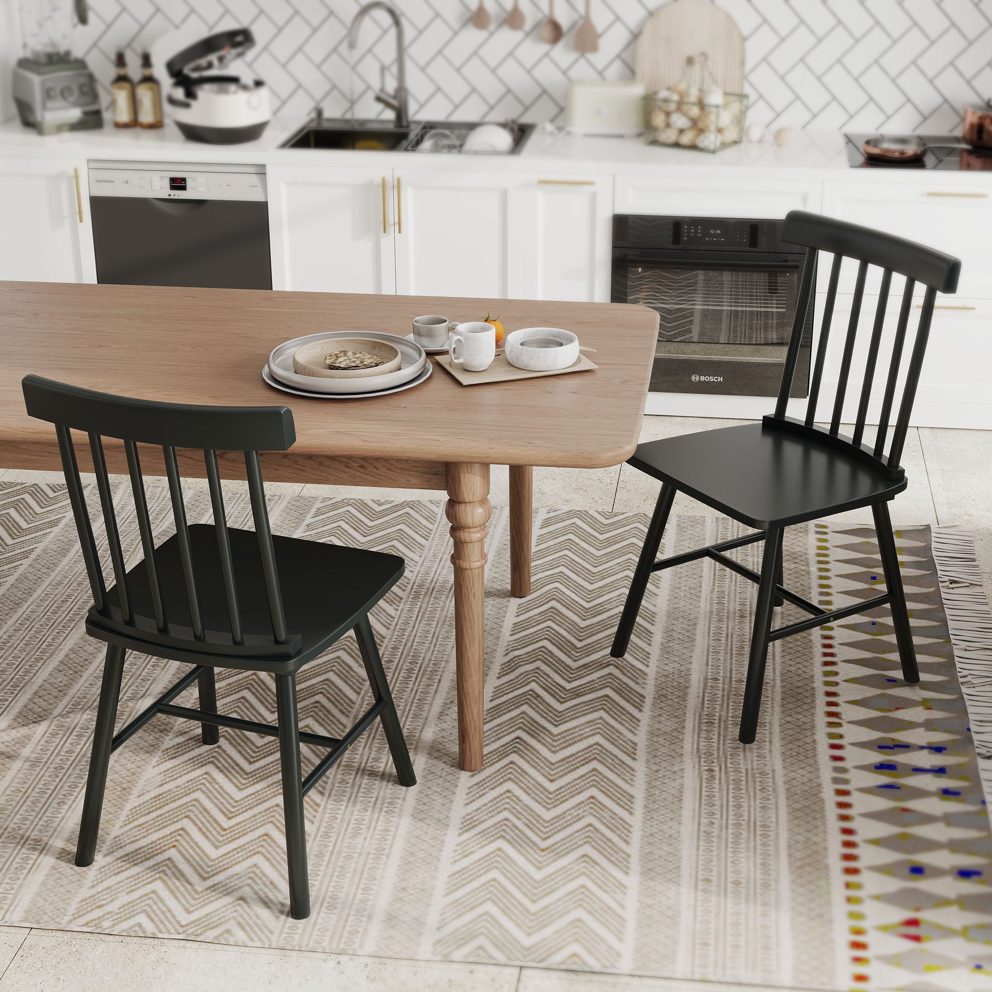 Dining Chairs Set of 4, Farmhouse Wood Kitchen Chairs with Rubber Wood Frame, Spindle Back for Dining Room, Black