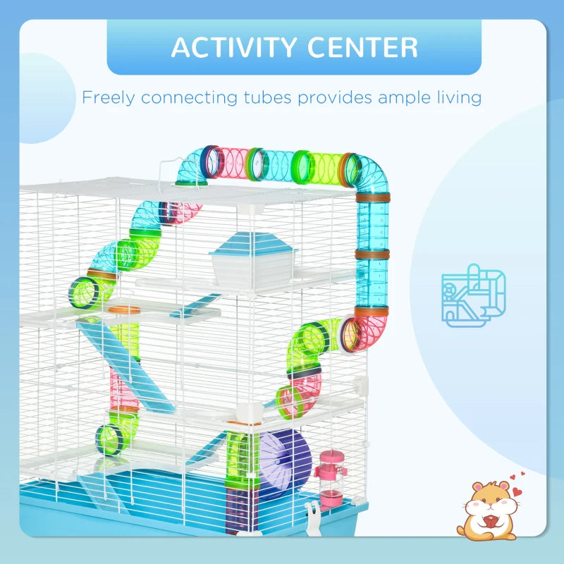 Hamster Cage With Tubes And Tunnels, Portable Carry Handles, Rat House And Habitats Big 5-Tier Design, Mouse Cage Includes Exercise Wheel, Water Bottle, Food Dish, Light Blue