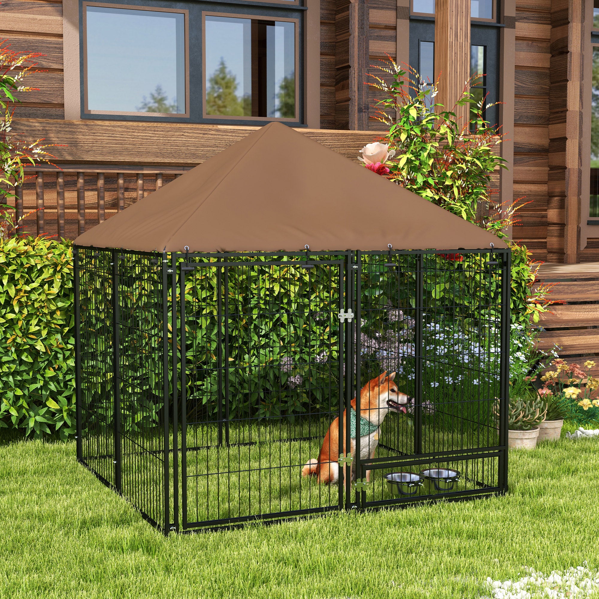 Outside Dog Kennel, 4.6' x 4.6' x 5' Puppy Play Pen with Canopy, Garden Playpen Fence Crate Enclosure Cage Rotating Bowl, for Dogs, Chickens, Ducks, Black