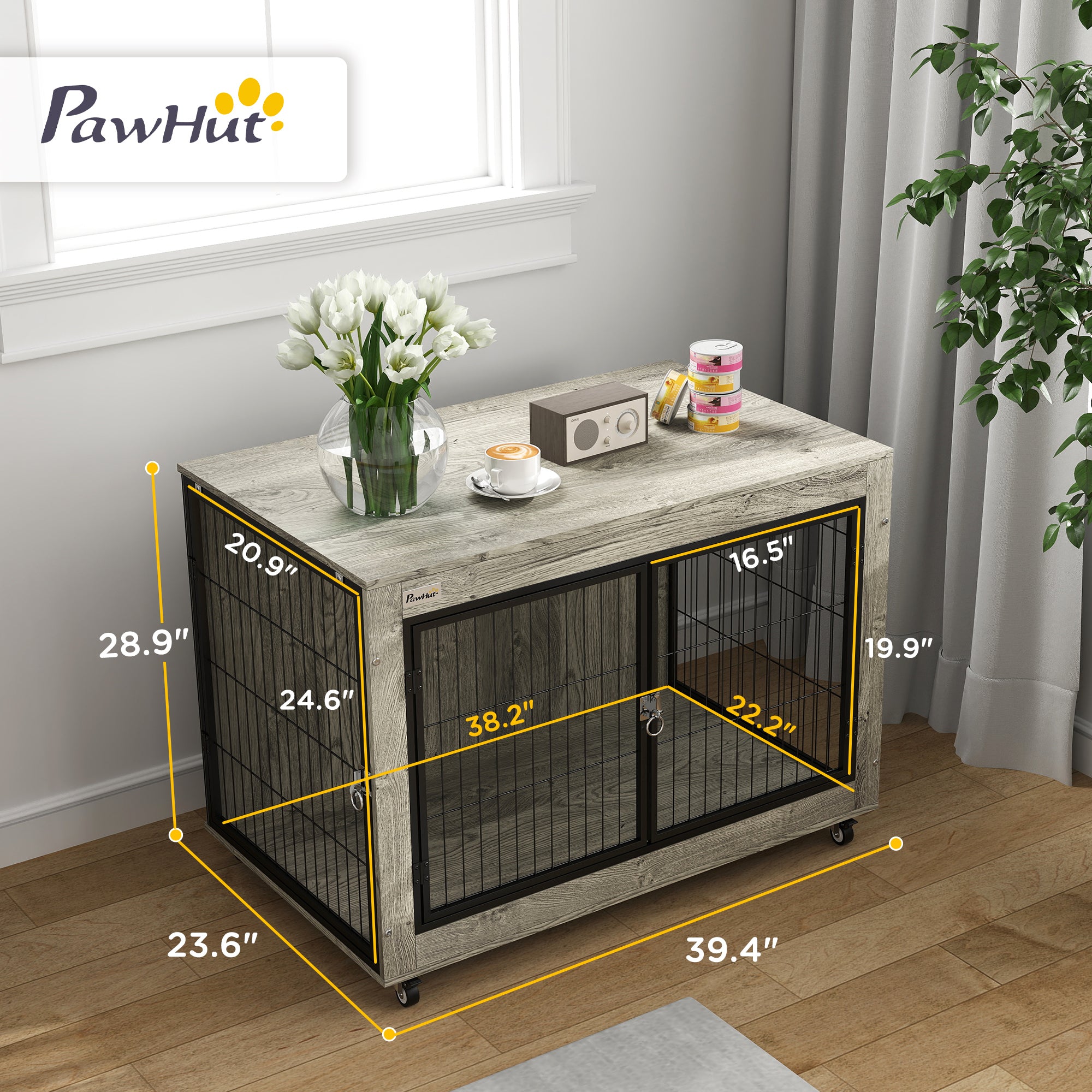 39inch Dog Crate Furniture End Side Table With Wheels